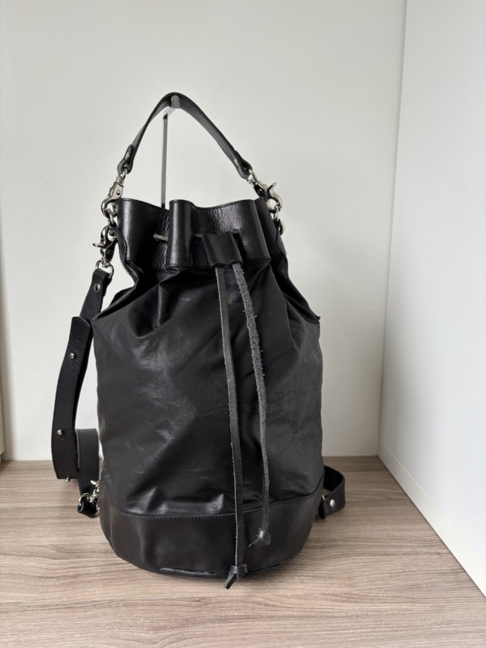 M0851 Bucket Backpack Handbag Black Leather / Fabric Authentic❤️